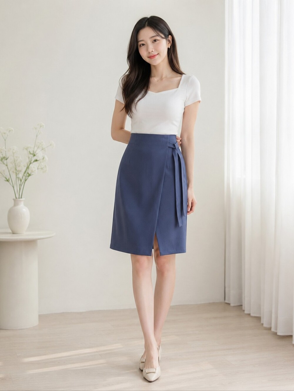 Milkcocoa Blue High Waist  Korean Elegant StyleBow Slit Midi Skirt Size S